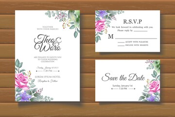 Floral Wedding Card on Wooden Background