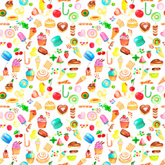 Fototapeta na wymiar The endless pattern of donuts is the sweetness of food.seamless, donut pattern on a light background illustration.Multicolored donuts with a seamless pattern, isolated on white. Background of sweets. 