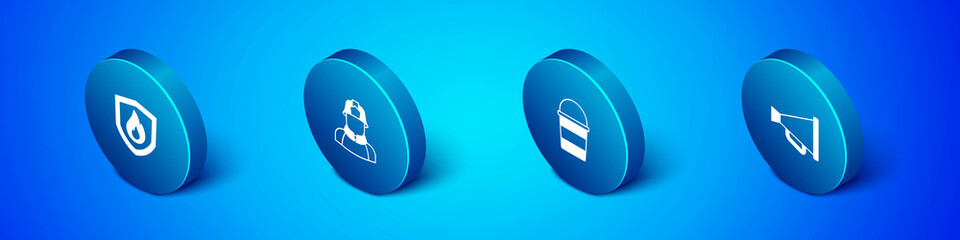 Set Isometric Fire protection shield, bucket, Megaphone and Firefighter icon. Vector