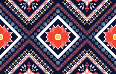 Ikat Indian ethnic pattern design. Aztec fabric carpet mandala ornament boho chevron textile decoration wallpaper. Geometric traditional embroidery vector illustrations background.
