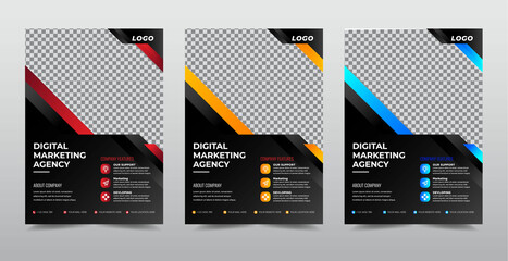 Corporate business flyer template design set with black background Red, Orange, blue color shape Flyer Colorful concepts, marketing, business proposal, promotion, advertise, publication, cover page,