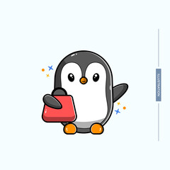 illustration of cute penguin carrying a shopping bag, vector eps 10