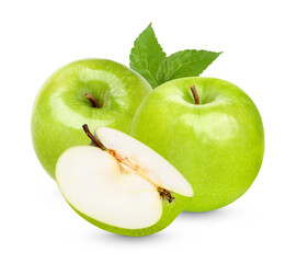 Fresh green apple with leaves isolated on white background