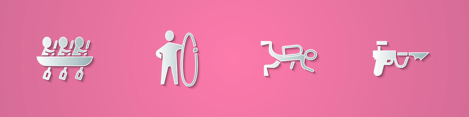 Set paper cut Canoe rowing team sports, Surfboard, Scuba diver and Fishing harpoon icon. Paper art style. Vector