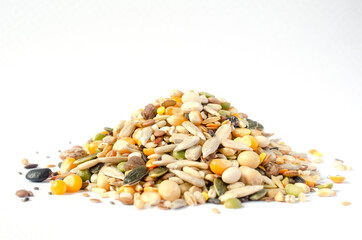 Closed up variety kinds of natural organic cereal and grain seed pile on white background for healthy or clean food and agricultural product concept