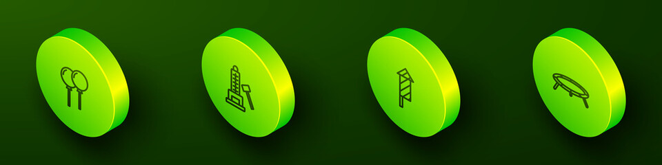 Set Isometric line Balloons with ribbon, Striker attraction hammer, Firework rocket and Jumping trampoline icon. Vector