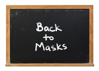 Back to Masks written in white chalk on a black chalkboard isolated on white