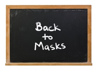 Obraz premium Back to Masks written in white chalk on a black chalkboard isolated on white