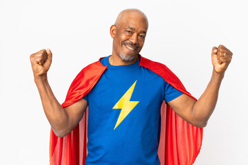 Super Hero senior man isolated on white background doing strong gesture