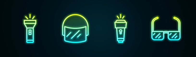 Set line Flashlight, Police helmet, and Safety goggle glasses. Glowing neon icon. Vector
