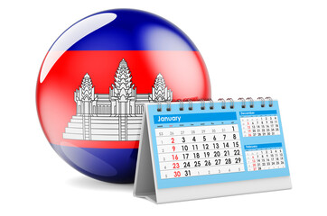 Desk calendar with Cambodian flag. 3D rendering
