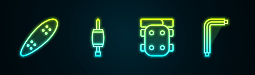 Set line Longboard or skateboard, Screwdriver, Knee pads and Tool allen keys. Glowing neon icon. Vector