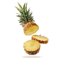 Fresh juicy tropical fruit pineapple flying isolated on white background. Sliced ananas pineapple falling.