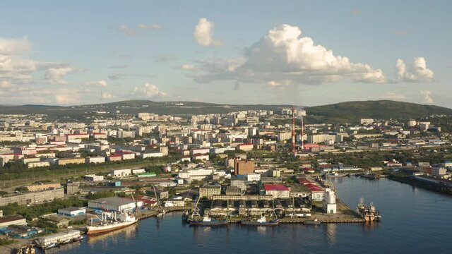 Aerial view of Murmansk in the summer. Murmansk is the world's largest city located beyond the Arctic Circle