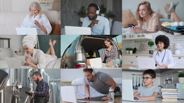 Business Collage, Distant Work, Different Races, Using Gadgets. Diverse multi-ethnic group of people use online technology while working