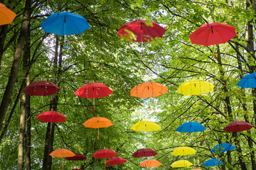 Fototapeta na wymiar colorful umbrellas hang on the trees