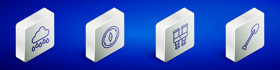 Set Isometric line Cloud with rain, Compass, Binoculars and Shovel icon. Vector