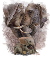 The Elephant Family. Watercolor drawing - 450847399
