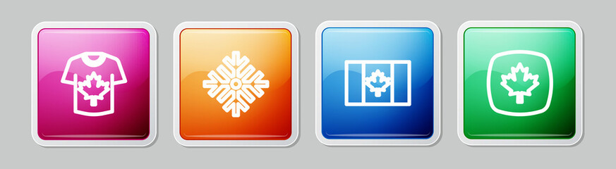 Set line Hockey jersey, Snowflake, Flag of Canada and Canadian maple leaf. Colorful square button. Vector