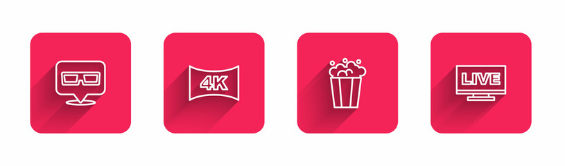 Set line 3D cinema glasses, Screen tv with 4k, Popcorn cardboard box and Live stream with long shadow. Red square button. Vector