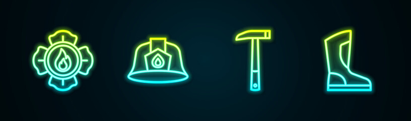 Set line Firefighter, helmet, axe and boots. Glowing neon icon. Vector