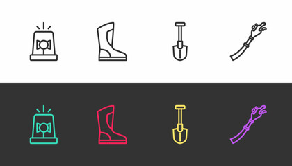 Set line Flasher siren, Fire boots, shovel and hose reel on black and white. Vector