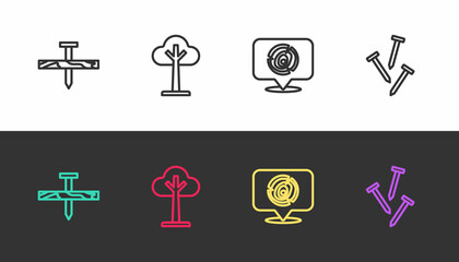 Set line Metallic nail, Tree, Wooden logs and nails on black and white. Vector