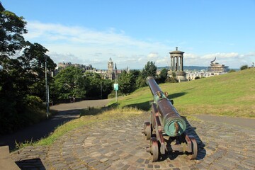 The Portuguese Cannon and the view from Calton Hill, Edinburgh, looking west.