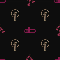 Set line Metallic nails, Tree and Chainsaw on seamless pattern. Vector