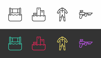 Set line Water volleyball net, Winner podium, Wetsuit for scuba diving and Fishing harpoon on black and white. Vector