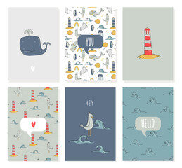 Marine card with sea animals, whale, lighthouse in hand drawn style for birthday. Vector stock illustration