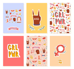 Girl power card with feminist womens symbol on birthday postcard with lettering in trendy hand drawn style. International women's day poster. Vector stock illustration