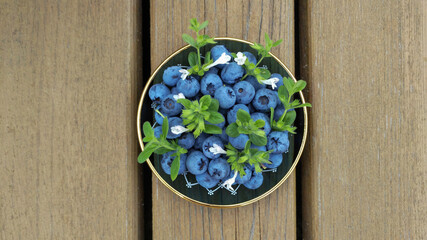 Blueberries and small sprigs of lemon balm mint in a beautiful plate. New eco harvest.