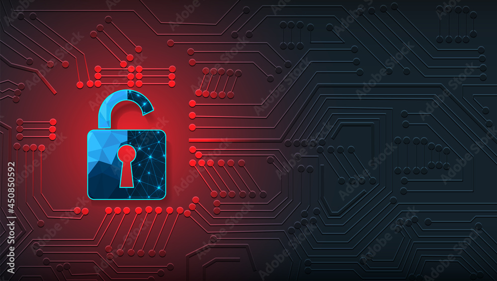 Fototapete Cyber attack technology concept.Padlock open on digital electric circuit background. Cyber attack and Information leak concept.Vector illustration.EPS 10.