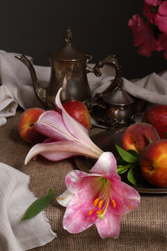 Still life with lilies and fruits in retro style