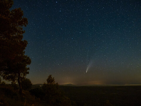 Comet C/2020 F3 Neowise, photographed from the mountains of Enguera, Spain, at sunset.