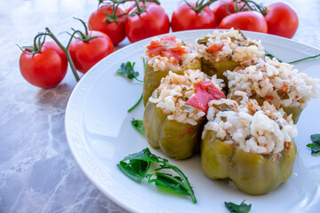 Close-up photo of stuffed peppers in white plate. Traditional Turkish foods.