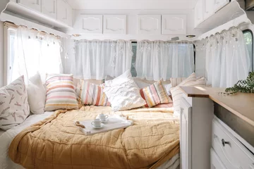 Fotobehang Boho Bedroom interior, room inside of motor home.  © brizmaker