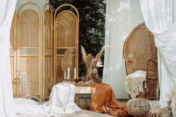 Photo zone with wooden design, rustic outdoors background. © brizmaker