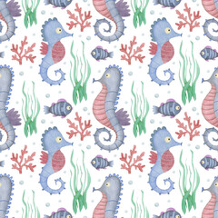 Cute watercolor seamless pattern, cartoon underwater ocean, sea animals on a white background, seahourse.