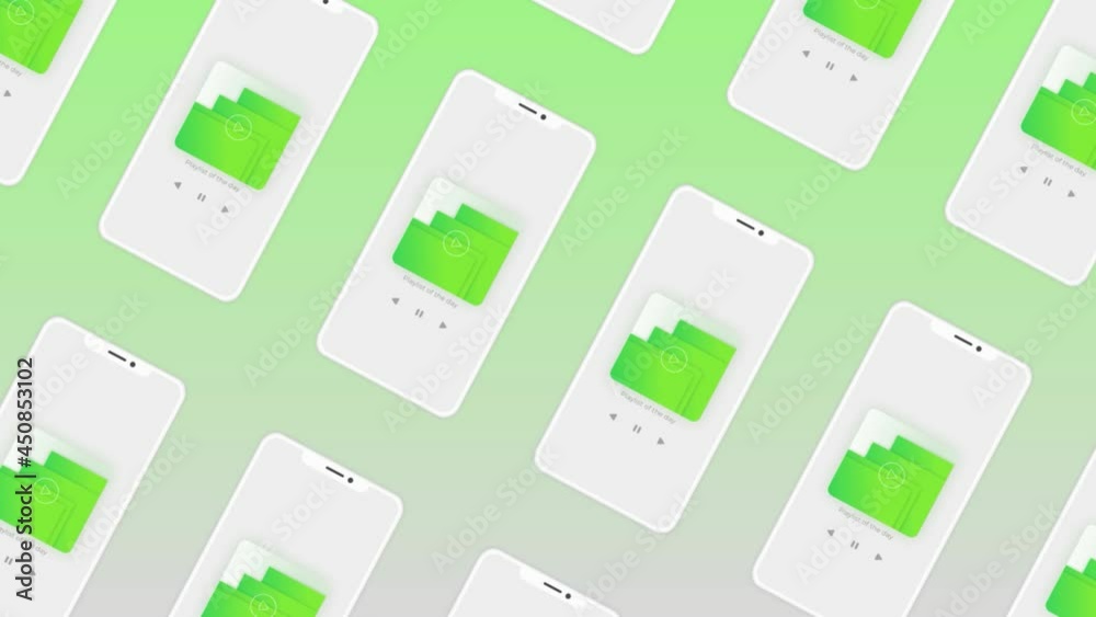 Poster rows of smartphone with a folder icons on each screen. motion. presentation of a new application for