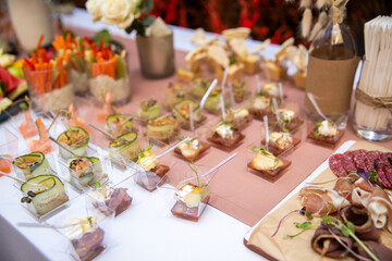 Food catering appetizers snacks on a tray on table.