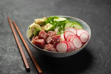 Traditional Hawaiian Poke Bowl prepared with Tuna Fish