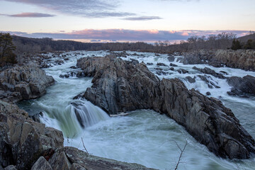 A shot of Great Falls and the Potomac River at sunset