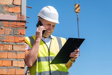 Happy male contractor smiling and reading data on clipboard while leaning on brick wall and...