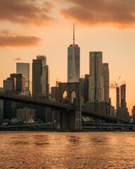 View of the Brooklyn Bridge and Manhattan skyline at sunset, from Dumbo, Brooklyn, New York City
