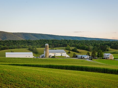 View of a farm with corn fields and mountains, in rural Perry County, Pennsylvania