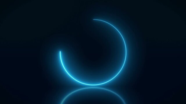 Video animation of a modern, glowing preloader and a circular bar for the loading progress in blue on reflecting floor - abstract background - seamless loop