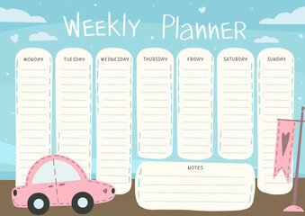 Weekly planner with pink car in cartoon style