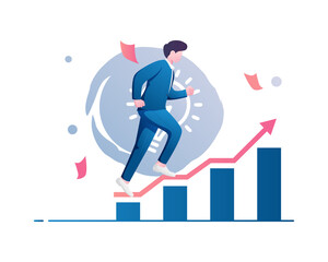 Flat illustration vector graphic of young man hurry up consisting of finance graph. Isolated concept male employee character person on career growth with arrow.